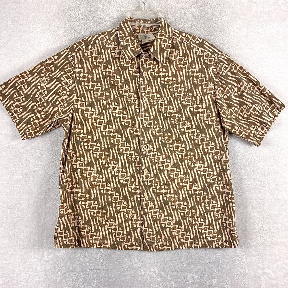 VTG J.Crew Oarsman Shirt Mens M Brown Beige Abstract Mana Summer Preppy 90s